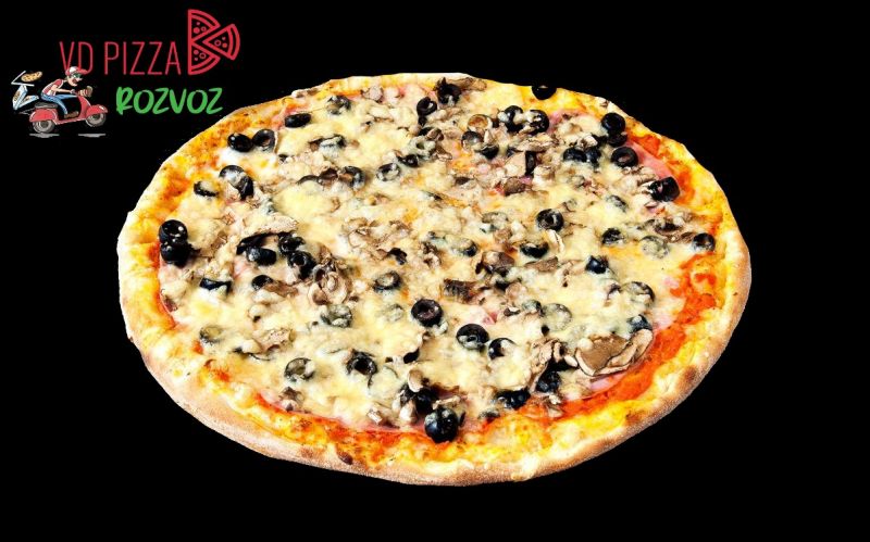 VDPizza Šternberk - 5. CAPRICIOSA - (mozzarela, šunka, černé olivy, žampiony, sýr)