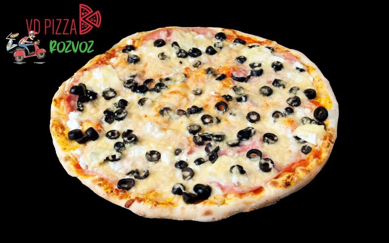 VDPizza Šternberk - 8. MONAKO - (mozzarela, šunka, hermelín, balkán, černé olivy, sýr))